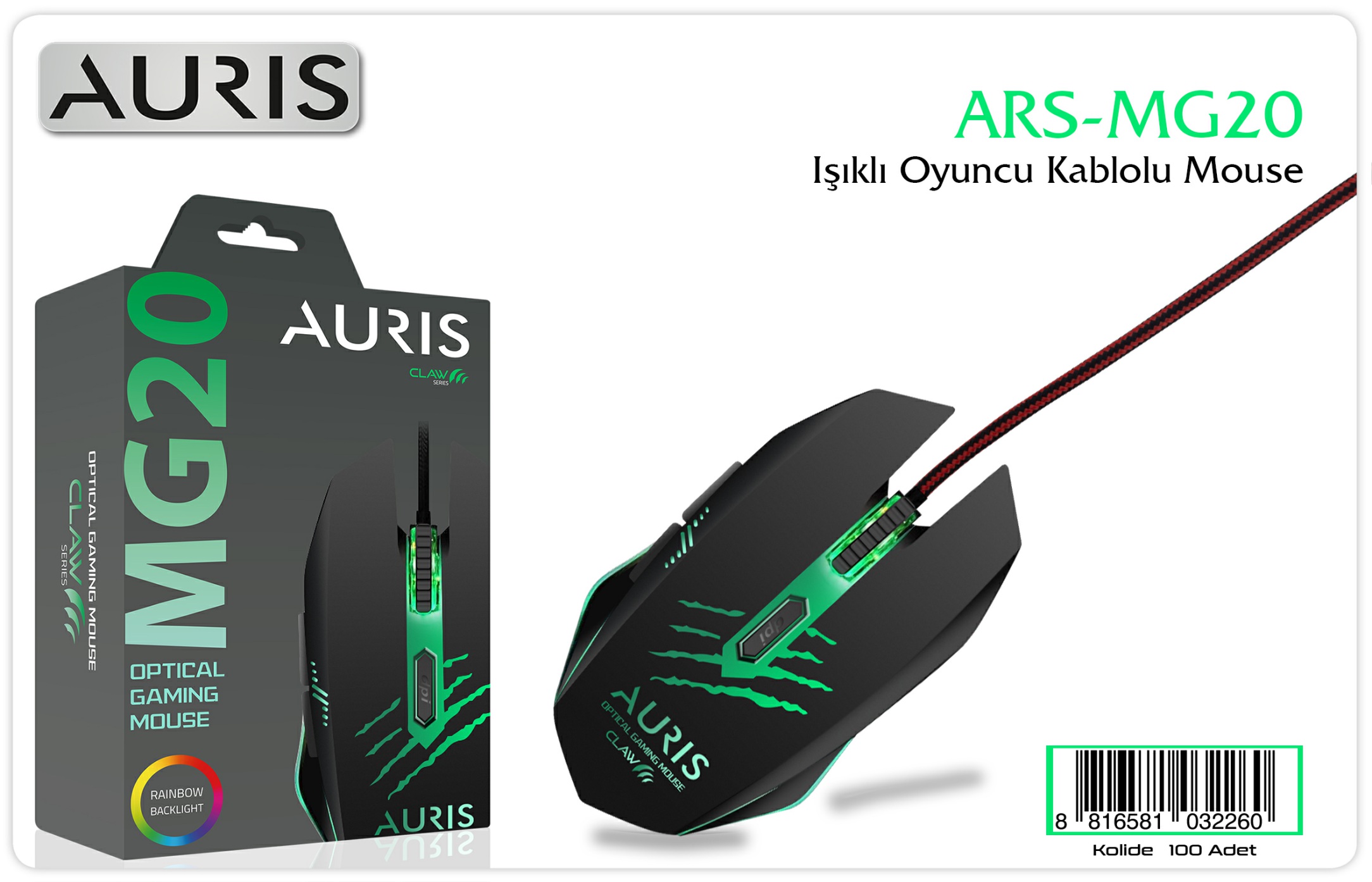 Auris MG20 Claw Series Rainbow Backlight RGB 3200 DPI Kablolu Oyuncu Mouse